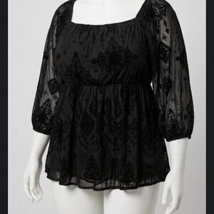 Torrid Black Flocked Mesh Square Neck Puff Sleeve Peasant Top goth whimsy